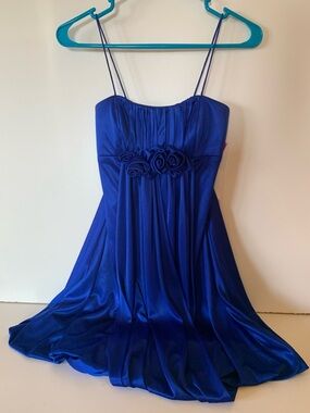 Morgan & Co. Sapphire Blue mini bubble dress spaghetti straps Rosettes XS NWT